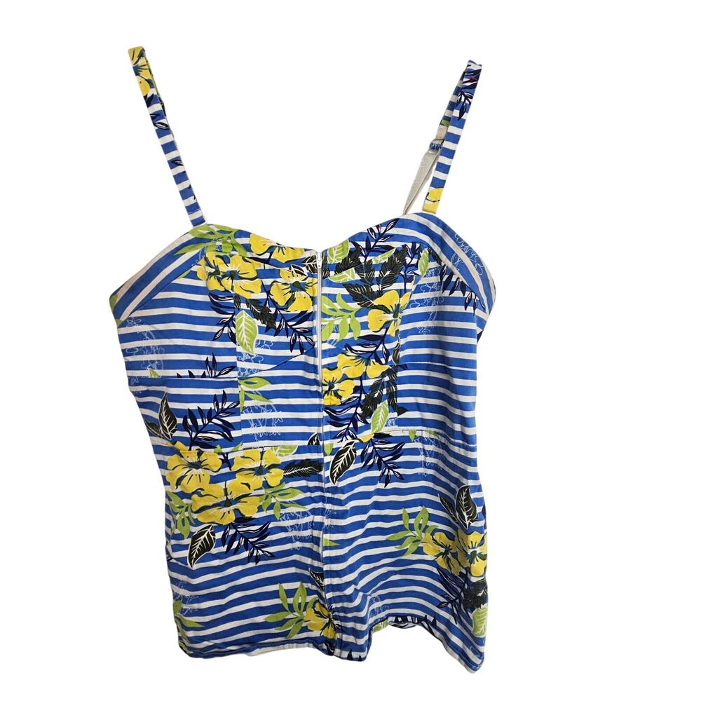 Torrid Striped Floral Tank Top Plus Size 0X Nautical Summer Cottage Zip Front